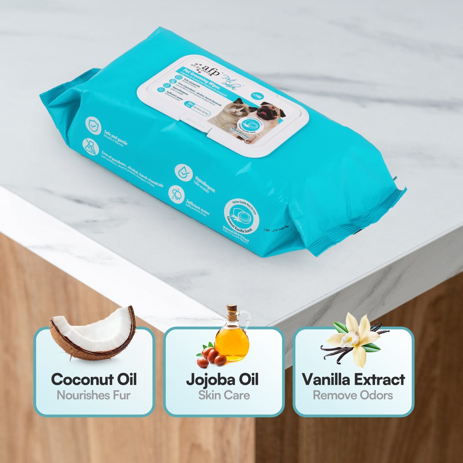 Coconut Oil Vanilla Extract Fragrance Free Alcohol-Free Pet Cleaning Wipes
